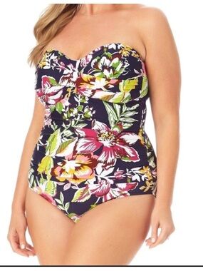 Anne Cole Navy Floral Strapless One-Piece Swimsuit